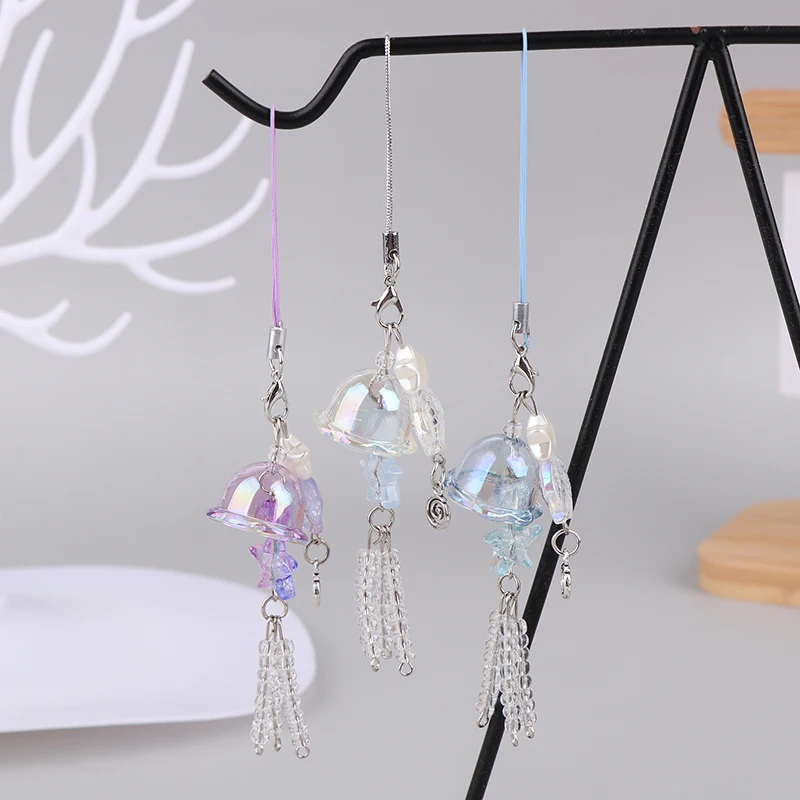 1PC Y2K Jellyfish Phone Charm Keychain Crystal Star Pearl Mobile Phone Chain Unique Fringe Phone Lanyard For Women Girls