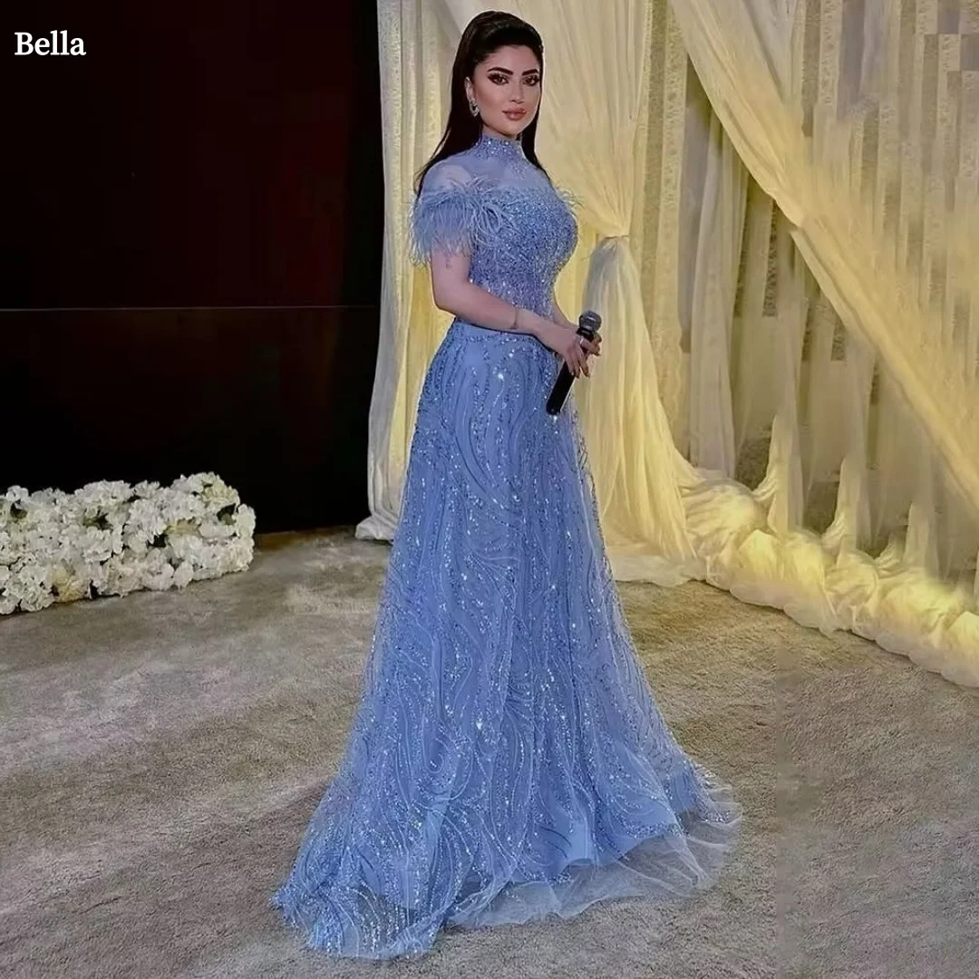 

Bella Customized Blue Feathers Sequins robes de soirée High Neck Sleeveless A-line Party Dresses Floor-Length Prom Dress 2025
