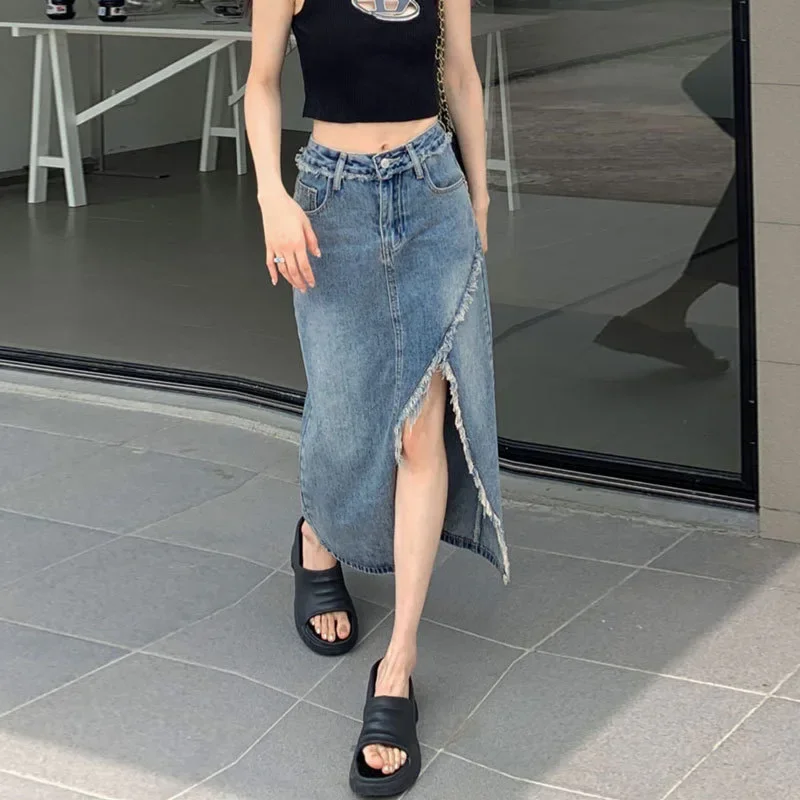 Denim Skirts Women Mid Length Skirt Maxi A Line Y2k Irregularity High Waist Blue Casual Elegant Splice Summer Punk Streetwear