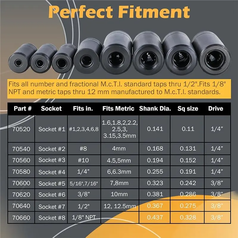 ABVG-Fit MCTI Standard-Gewindebohrer (1/2" 1/8" NPT, bis zu 12 mm metrisch) 70500-Gewindebohrer-Stecksatz 8-teilig für 1/4-Zoll- und 3/8-Zoll-Antriebe