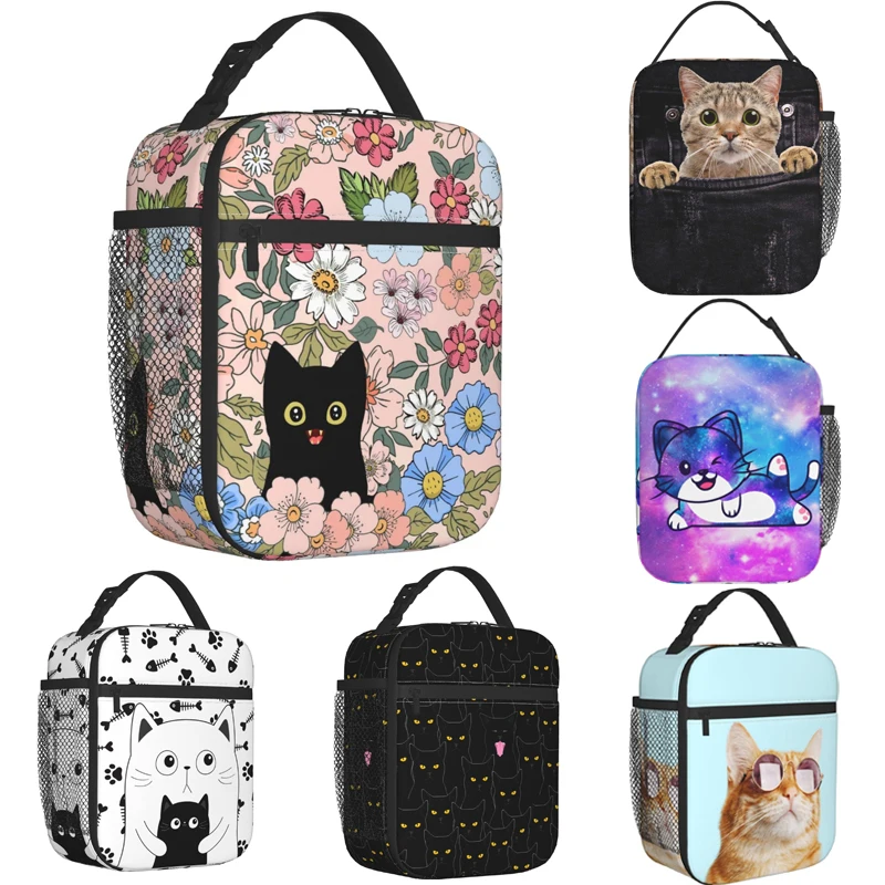 Black Cat Lunch Box Funny Cat Lunch Bag Kids Teen Girls Women Adult Cooler Insulated Floral Lunch Bag for School Work Travel