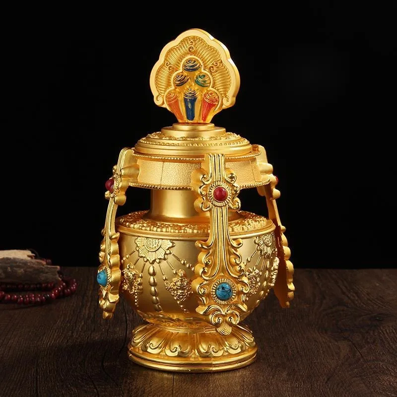 

Tibetan Bottle Inlaid Gem Handicraft Buddhism Alloy Engraved Holy Water Storage Bottle Tantric Altars Home Desktop Decorative