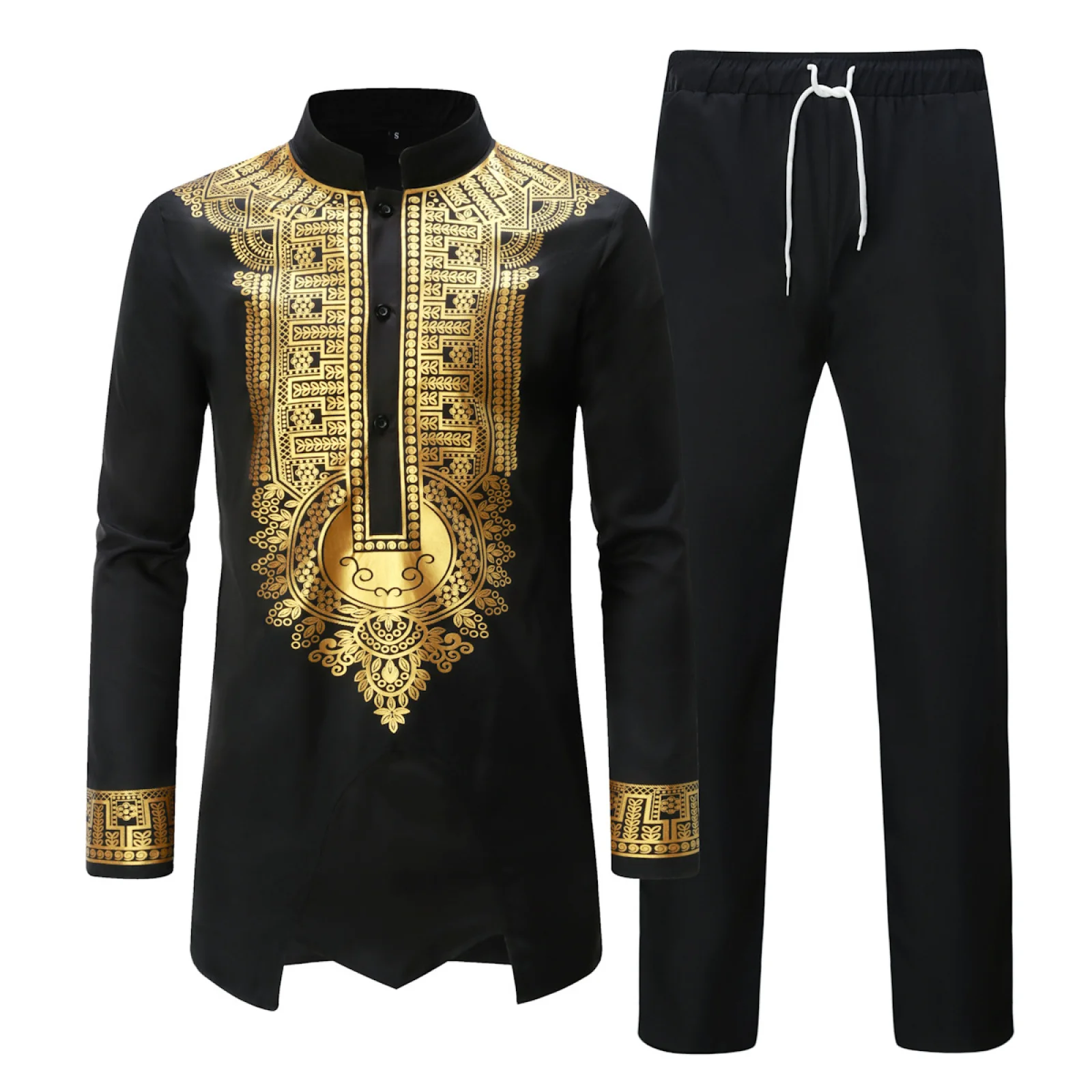 

African Men Shirt Pants Set 2pc Metal Printed Long Sleeved Dashiki Kaftan Traditional African Uniform Casual Fashion Costume