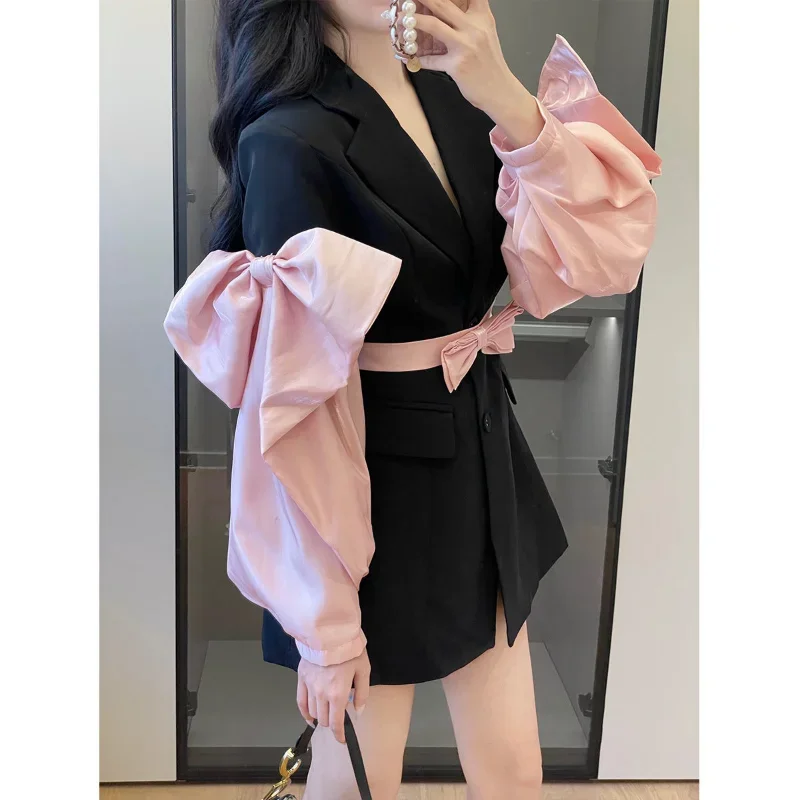 

Lnsozkdg 2024 Spring Blazer Women New Fashion Trend Solid Color Notched Collar Pink Bow Bandage Sexy Patchwork Dress High Street