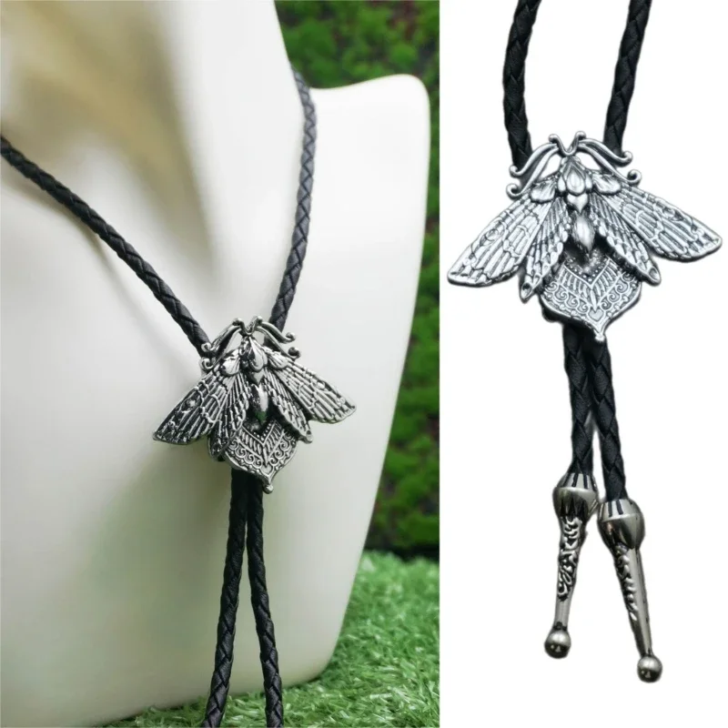 

Mens Women Western Cowboy Bolo Tie Handmade Artificial Leather Rope Necktie Gothic Metal Skull Moths Bolo Tie Necklace