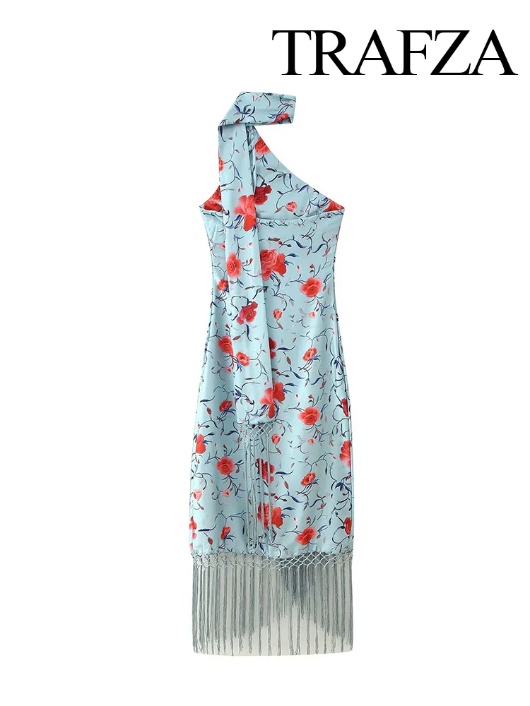 Sukienka midi damska na lato z frędzlami i kwiatowym wzorem, odkryte ramiona, elegancka, asymetryczna, seksowna, z odkrytymi plecami.