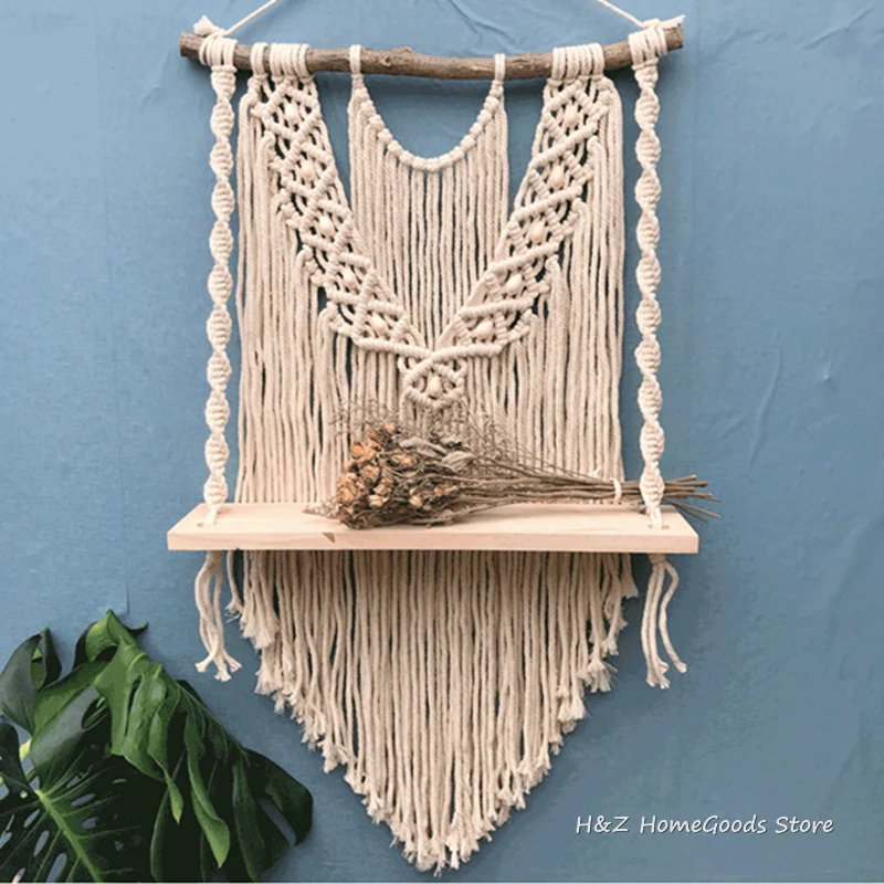 Hand-Woven Macrame Tapestry Rack Wooden Shelves Wall Hanging For Bohemian Decoration Boho Decor Ornament Livingroom 50*80cm