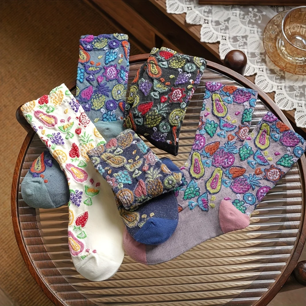 5 أزواج من الجوارب النسائية المتوسطة ذات الألوان ثلاثية الأبعاد منقوشة بالفواكه مع جوارب غير رسمية على الطراز العرقي