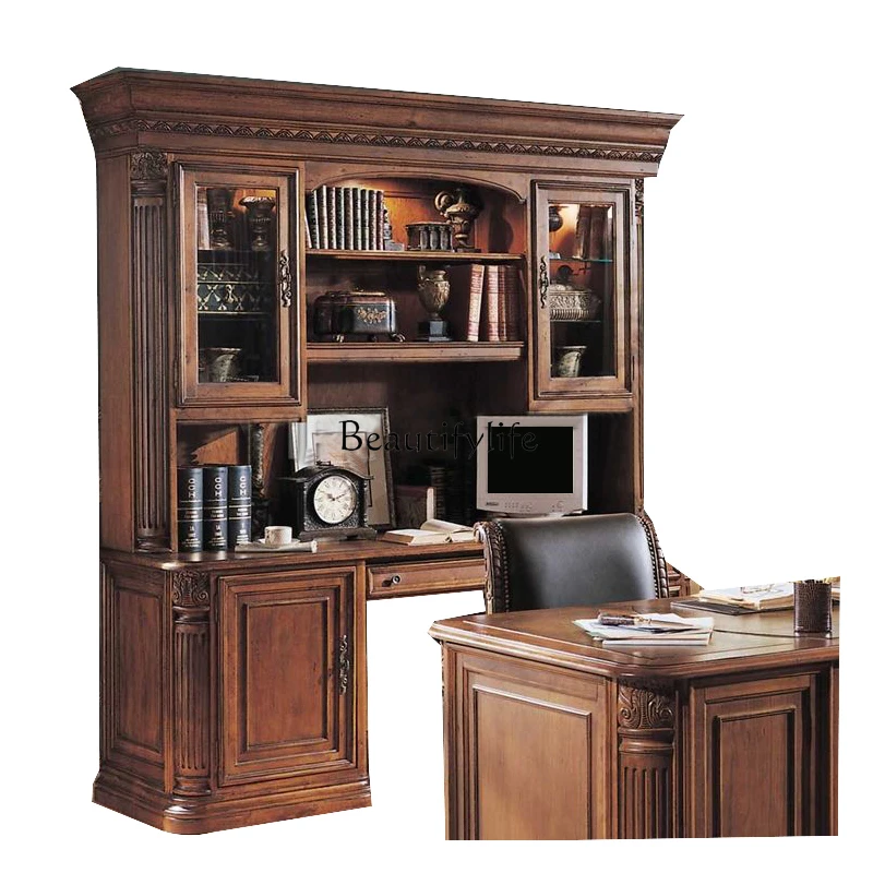 

American solid wood bookcase combination European retro bedroom bookcase writing desk