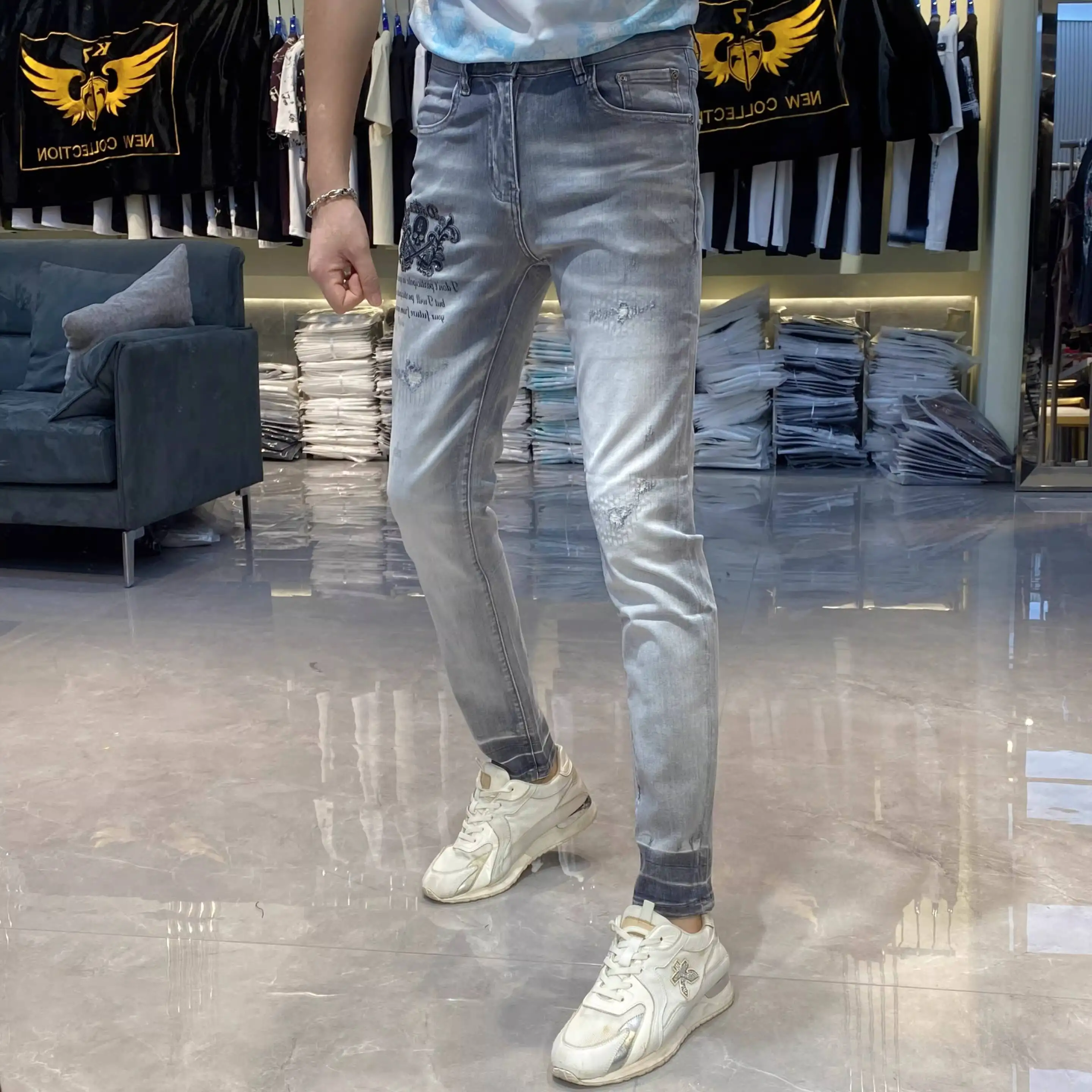 Skull Hot Stamping Grey Jeans Men Spring Summer European Style Skinny Jean For Men Jean Masculina Vaqueros Hombre Jean Masculina