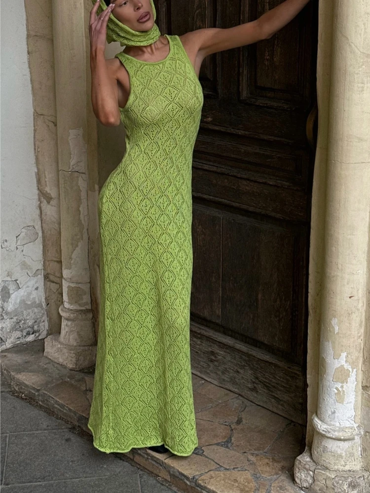 

Tsiisd Women's Summer Beach Knit Maxi Dress Hollow Out Slim Sexy Y2K Beach Vacation Resort Style Party Dress Female Dress New