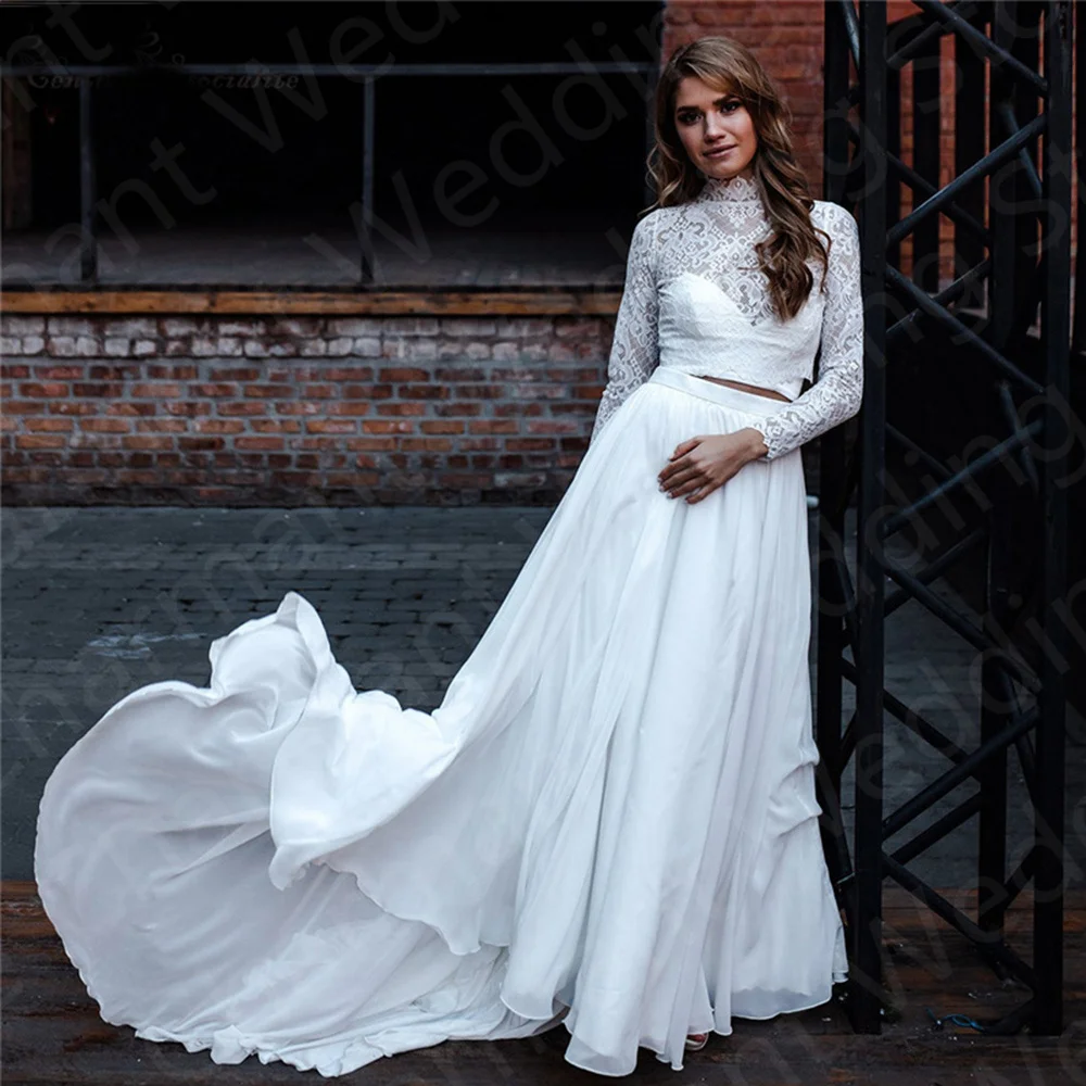 New Arrival Holy White Wedding Dresses Lace Two Pieces Long Sleeves Bridal Gowns Summer Beach Vestido de novia High Collar