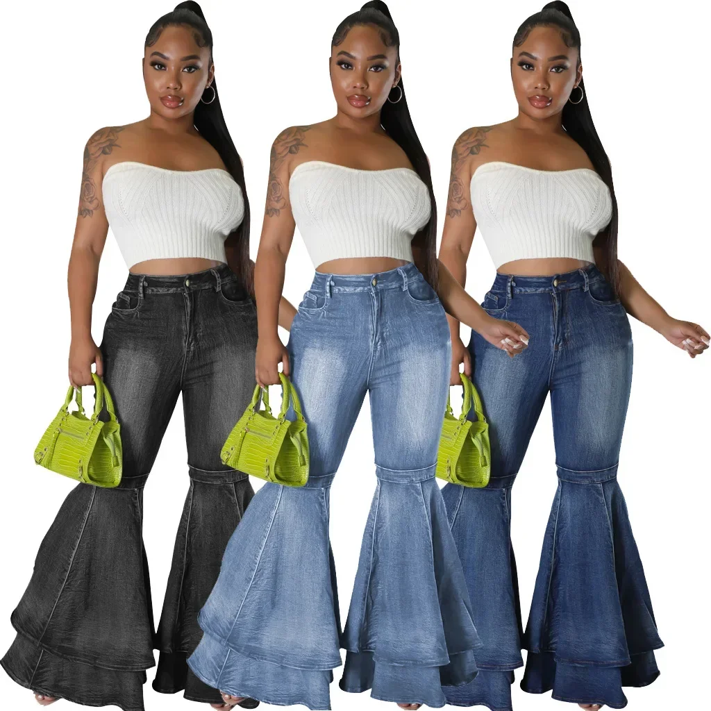 Washed Denim Stretch Flared Jeans Women Casual High Waist Flare Flared Pants Bottom Ruffled Hem Fashion Denim Streetwear S-XXXL