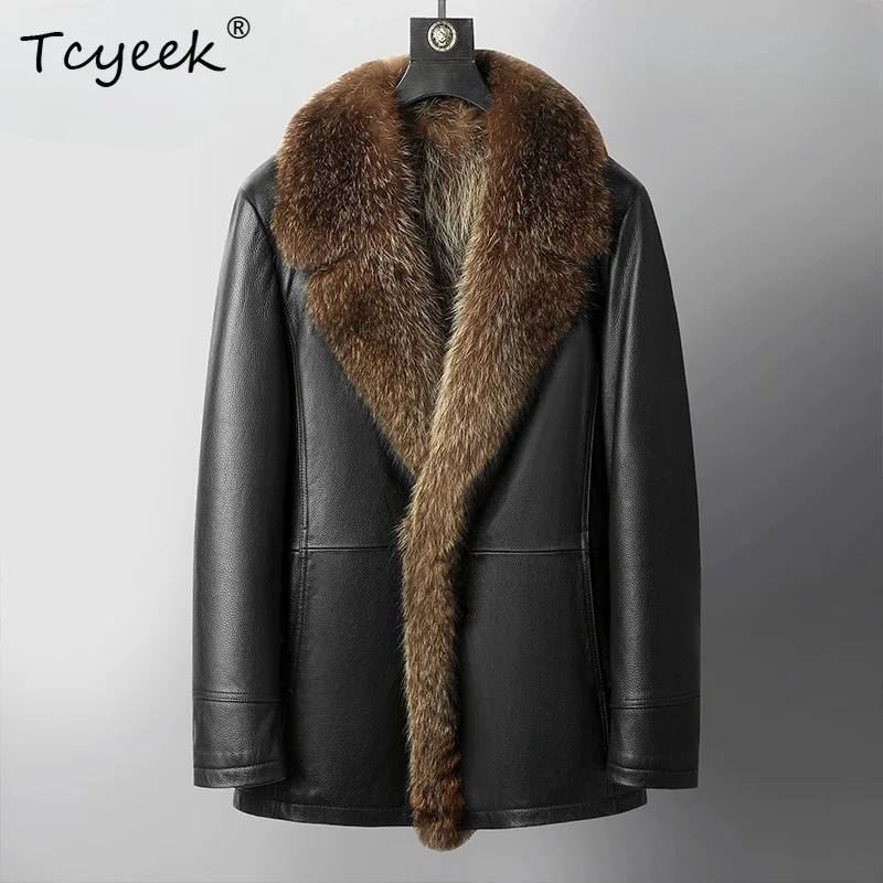 Tcyeek Real Raccoon Fur Coat Men Fashion Calfskin Real Leather Jacket for Man Mid-length Winter Clothes Slim Fit  فراء رجالي