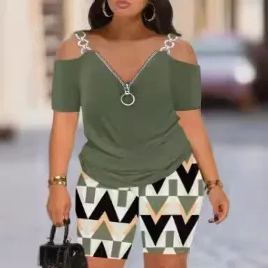Women Two Piece Sets Short Pants Set Solid V Neck Zipper Elegant Splice Tops High Waist Casual Slim Fit Pant Matching Sets