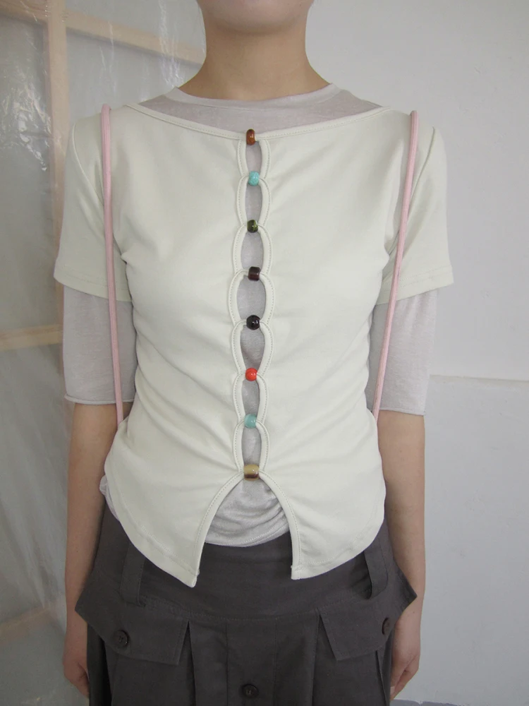 

Handmade Beaded T-irt Korean Sle Summer New Loose Simple Pure Color Top Women's Faion Commute Sle Long Sve round Ne