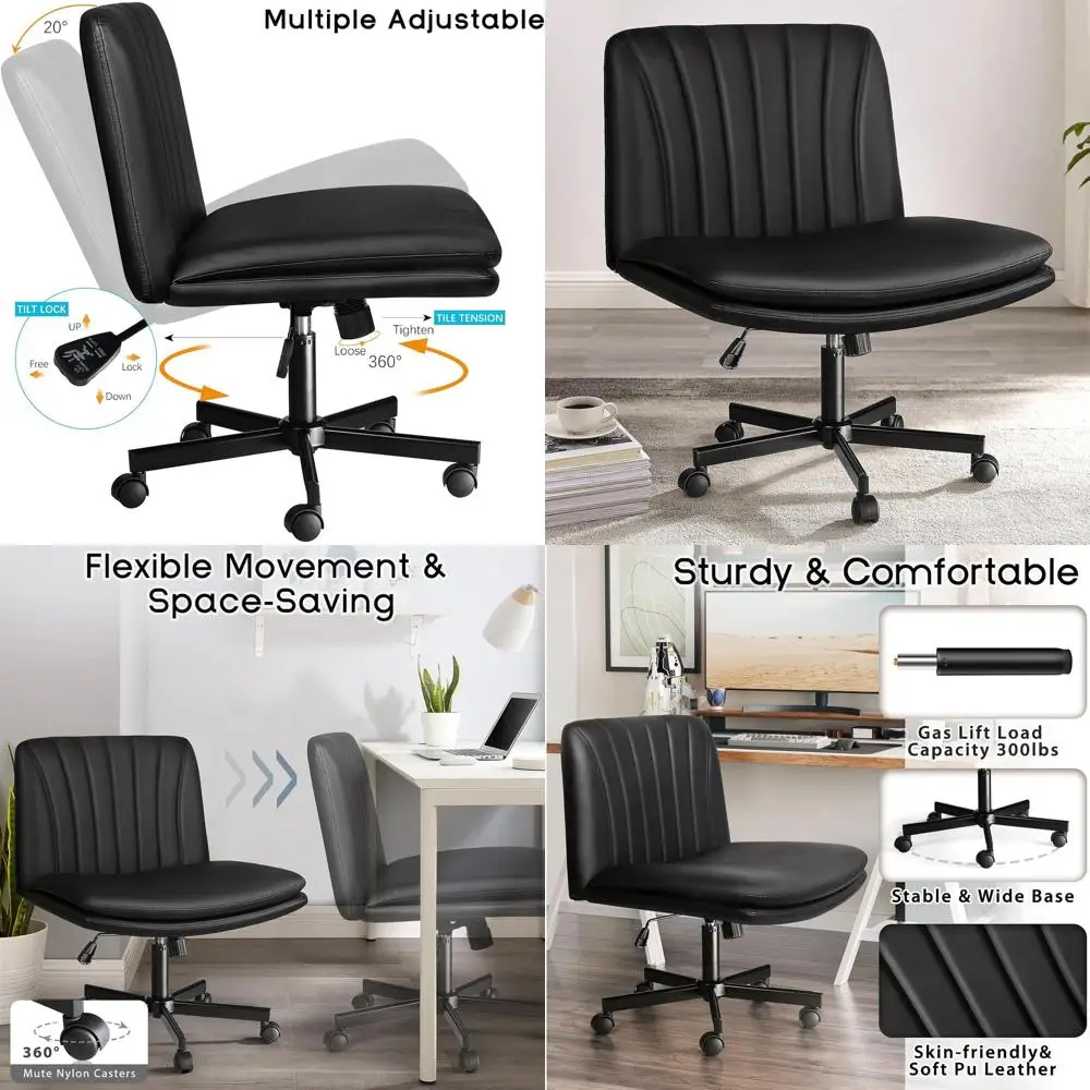 

Офисное кресло с регулируемой высотой и поворотным механизмом, на колесиках, с сиденьем из искусственной кожи, без подлокотников, для домашнего офиса (черное)