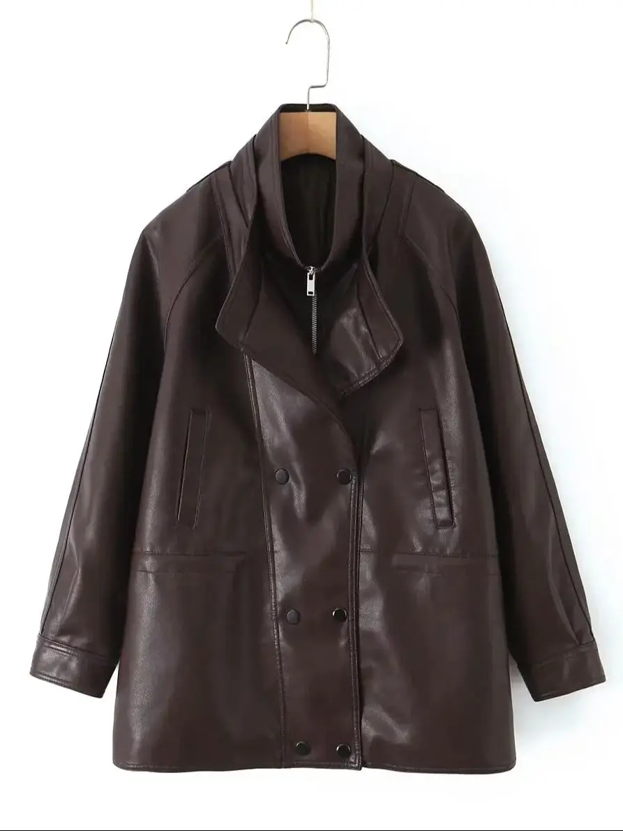 2025 Women's Retro Vintage Coffee Faux Leather PU Jackets Female Motorcycle Biker BF Loose Long Oversized Streetwear Coats Tops
