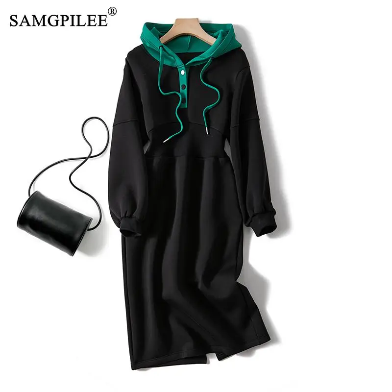 

Black Dresses For Women 2022 Autumn Hooded Long Space Cotton Full Sleeve Winter New Elegant Casual Sweater Dress Woman 4XL