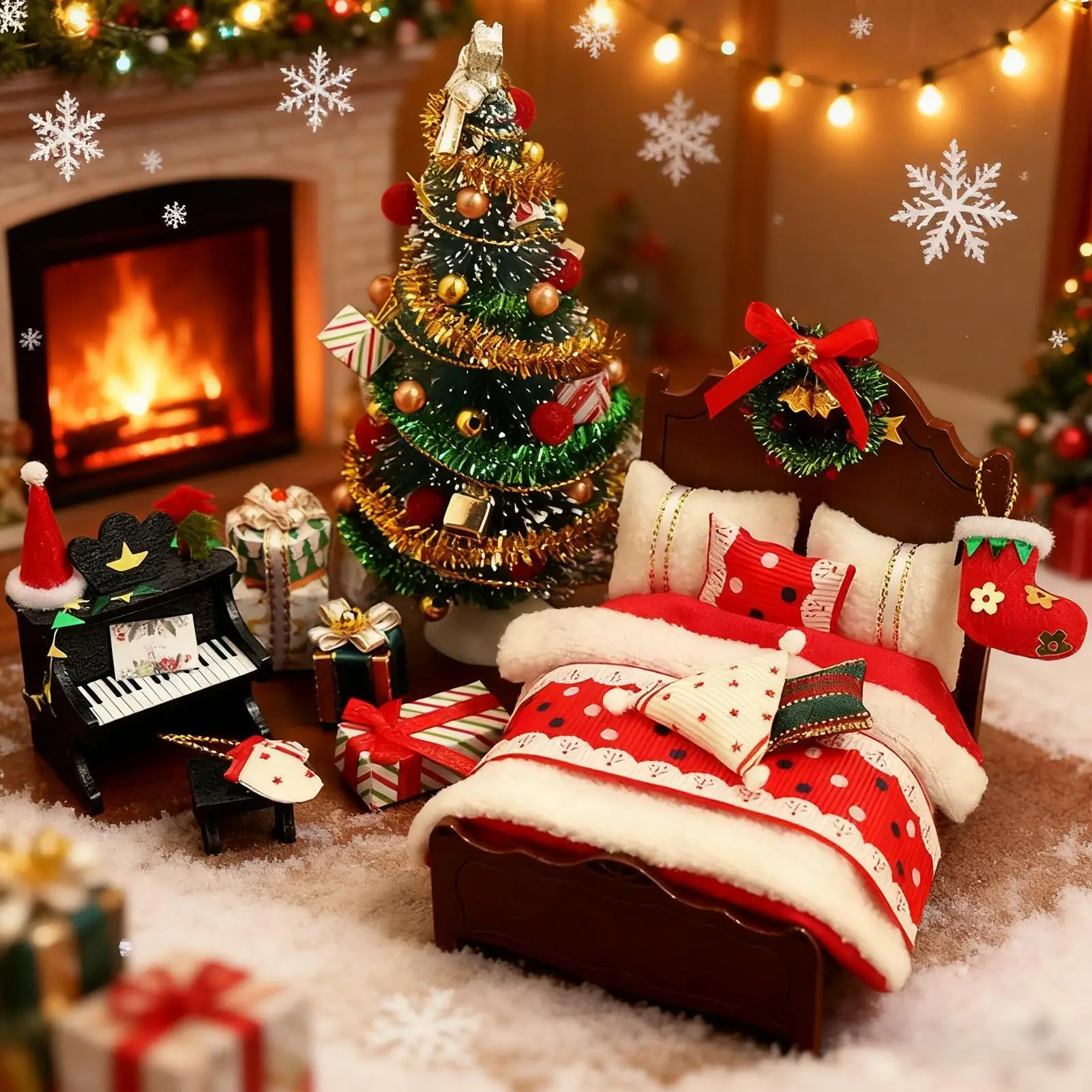 DIY Dollhouse Christmas Decorations Miniature Tree Bed Piano Model Set for Holiday Home Party Celebration Kids Adults Collectors