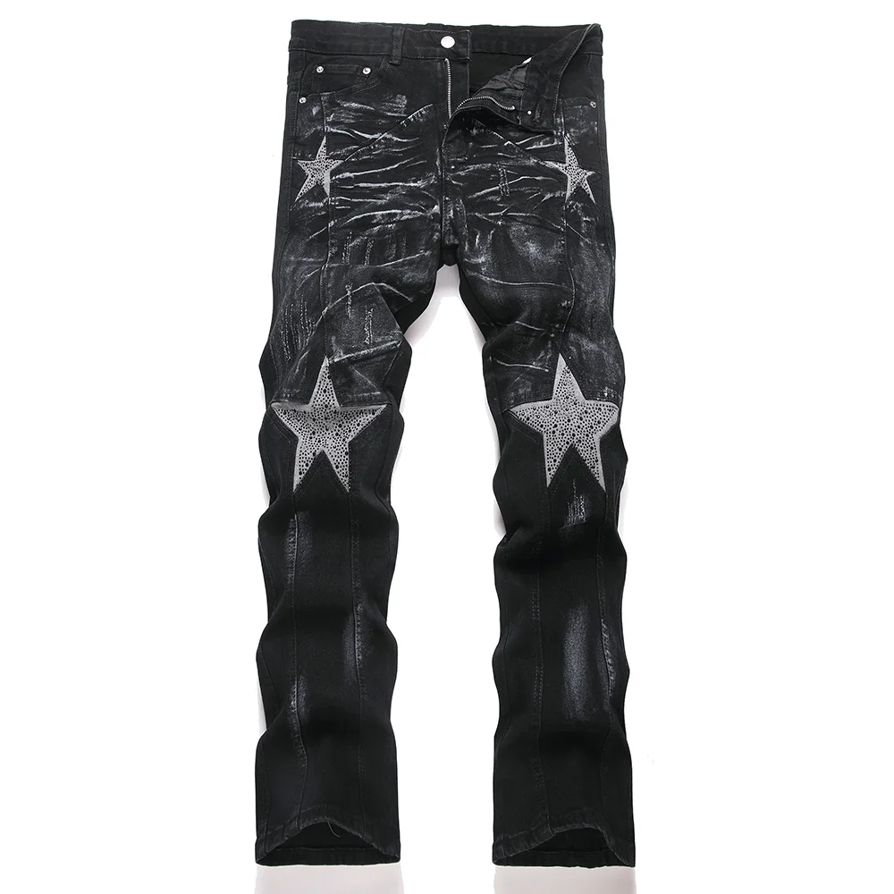 Men Crystal Stars Jeans Fashion Rhinestone Boot Cut Pants Punk Black Spliced Stretch Denim Flared Trousers