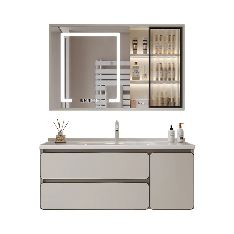 Modern minimalist cream colored aluminum alloy edging bathroom cabinet combined with ceramic integrated basin
