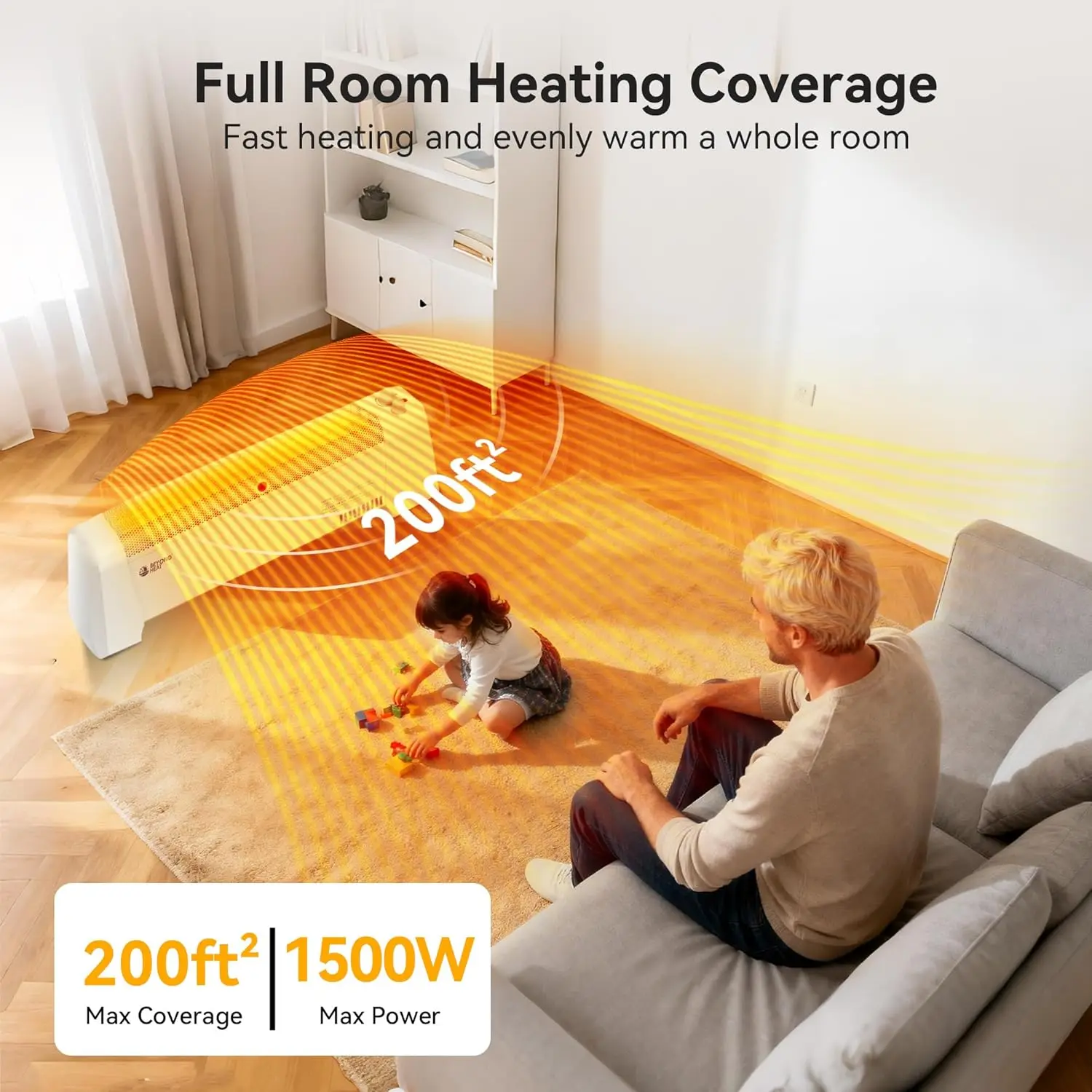 Electric Baseboard Heater 1500W with Thermostat & Overheat Protection, Silent Indoor Heating, White