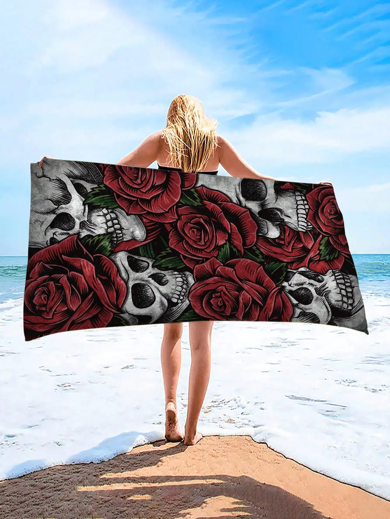 Rose Skull Beach Towel - Extra Large Microfiber Super Absorbent & Quick Dry, Perfect for Pool, Beach, Yoga, Camping