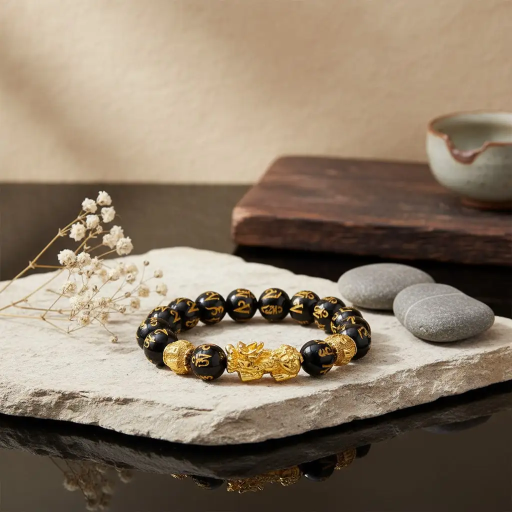 FengShui Wealth and Luck Bracelet, Feng Shui Black Obsidian Pixiu Wealth Bracelet Prosperity Buddha Beads Elastic Bracelet