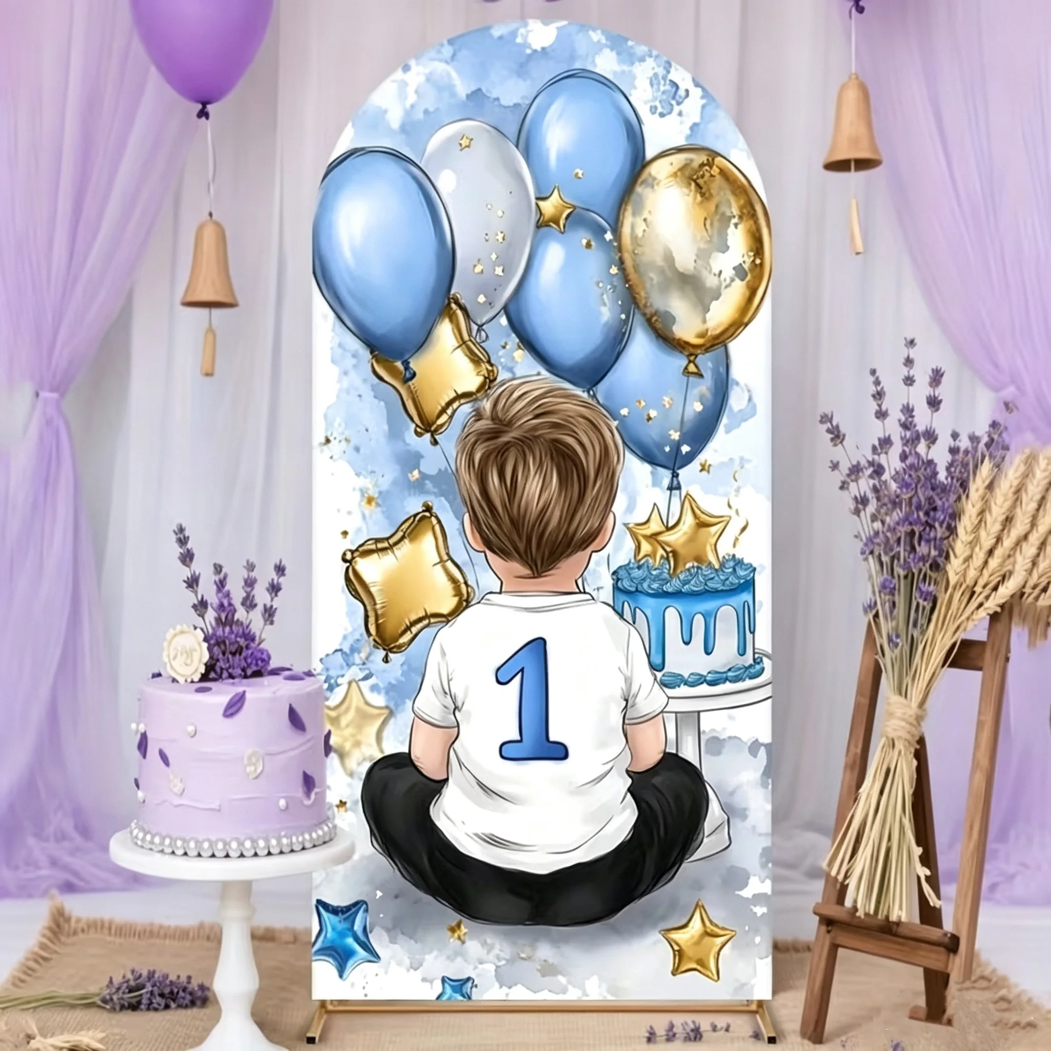 Dessert Table Backdrop - ฉากหลังลายเด็กน้อย สำหรับงานวันเกิดครบรอบ 1 ปี พร้อมลูกโป่ง ขนมเค้ก