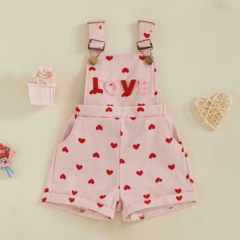 Tregren Valentine's Day Little Girls Suspender Jumpsuit Romper Sweet Heart Print Letter Embroidery Overalls Shorts for Toddler