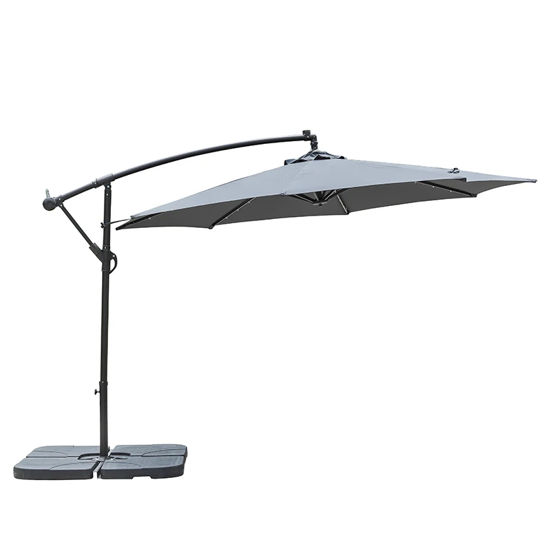 Solar LED Umbrella Garden Poolside Deluxe Hanging Umbrella Strong Parasol Banana Umbrella with Cross Base