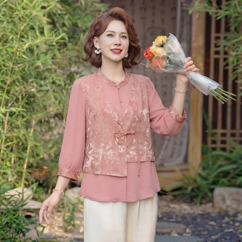 Spring Summer Loose Retro Top Buckle Stand Collar Chinese Cheongsam Style Shirt For Women false two-piece Casual Blouses