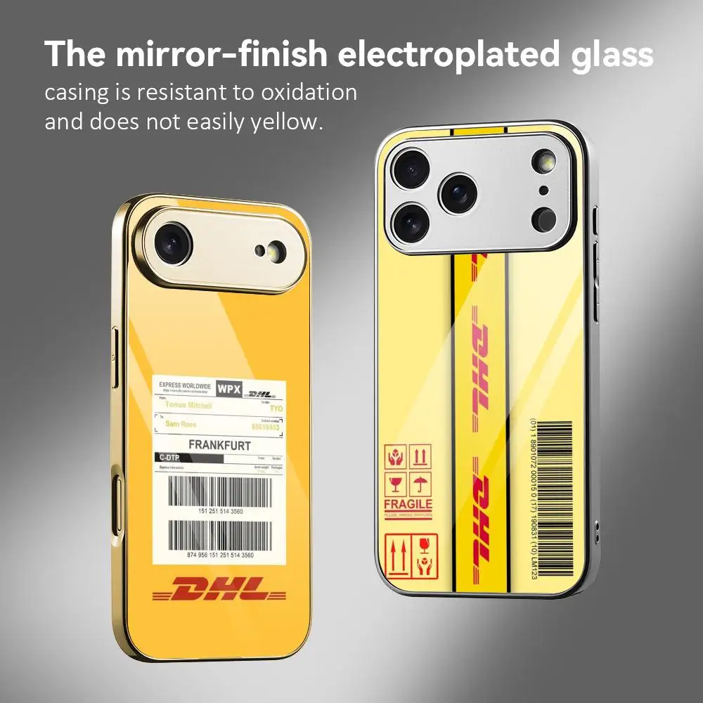 D-DHL Logo Phone Case For IPhone 17 16 15 14 13 12 Pro Max Plus Electroplated Metal Bumper Shockproof Case