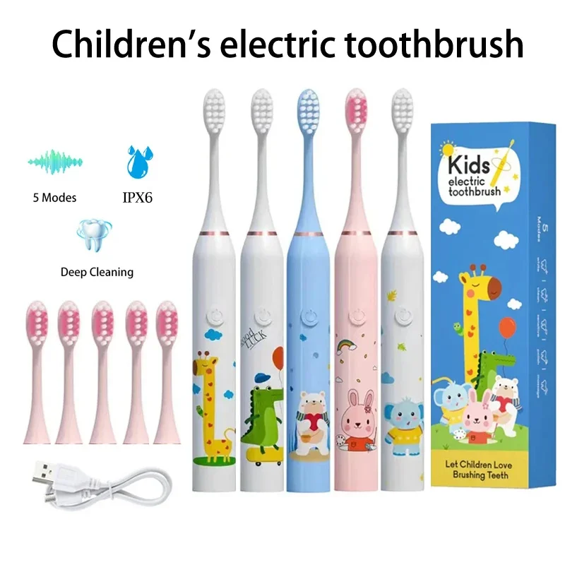 Children Clean Sonic Electric Toothbrush Cartoon Pattern for Kids with Replacement Tooth Brush Head Toothbrush Soft Nozzles