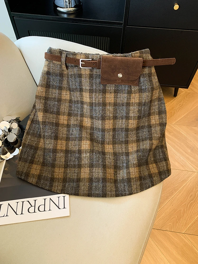 Women's Brown Plaid A-line Woolen Skirt Vintage Skirt Harajuku Korean Style Y2k Skirts 2000s Clothes Spring Summer Clothes 2026