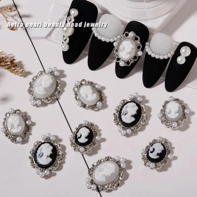 10Pcs Retro Baroque Gril Nail Art Charm 3D Emboss Black White Girl Head Nail Decoration Gold/Silver Metal Edging Nail Jewelry &*