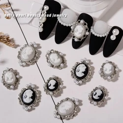 10Pcs Retro Baroque Gril Nail Art Charm 3D Emboss Black White Girl Head Nail Decoration Gold/Silver Metal Edging Nail Jewelry &*