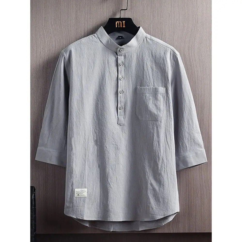 

Loose Fit Linen Cotton Blend Men's irt Tee-Quarter Sve Pure Cotton Outerwear Spring Autumn Season Stand Collar Casual