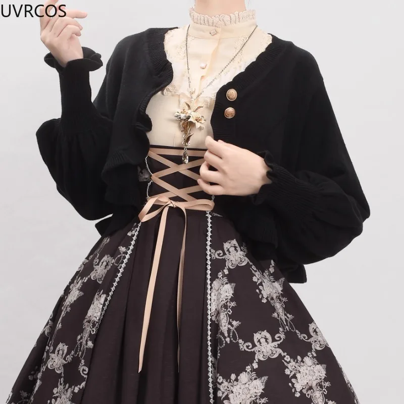 Japanese Kawaii Lolita Knited Cardigan Women All Match Ruffle O Neck JK Sweater Jackets Female Sweet Loose Short Coats Kardigany