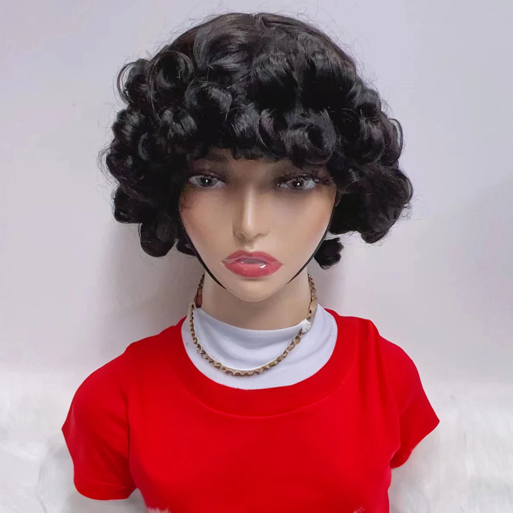 Wig rambut manusia Bob pendek keriting Funmi pirang sorot untuk wanita warna Burgundy mesin penuh dibuat pinggiran telur Curl Pixie Cut Wig