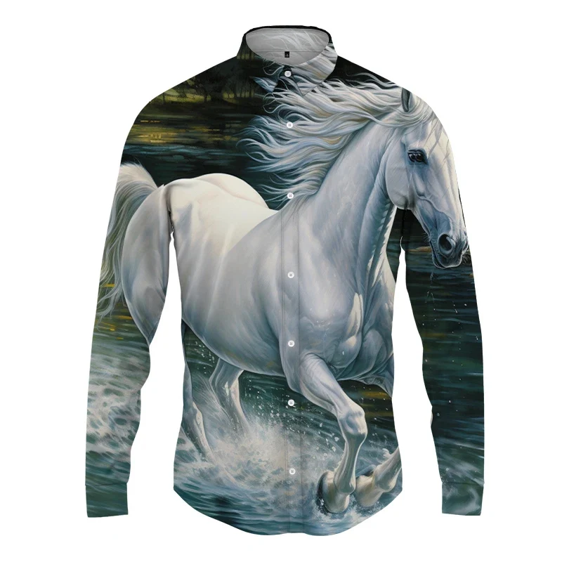 Hawaiian Long -sleeved Shirt Streets Harajuku Men's Spring Autumn Fashion Men's Button Shirt 3D Horse Print Camisas De Hombre