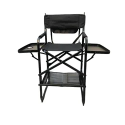 Silla de Director alta portátil para acampar al aire libre, silla de maquillaje profesional plegable con marco de aluminio, Color negro con mesa lateral