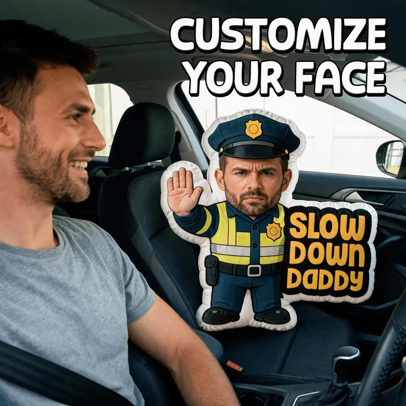Custom Photo Police Officer Shaped Pillow with Photo/Slow Down Daddy Sign - Police-Themed Cushion Suitable for Sofa, Bed Decor,