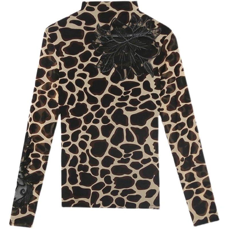 Sexy Hollow out Me Long Sve T-irt Women's f High Collar Leopard Print Faionable Top Base irt Autumn Winter