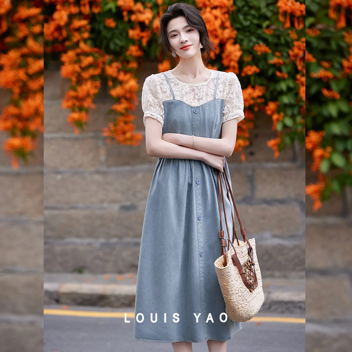 

Hollow Out Splicing Denim Dress Fake Two Pieces Round Neck Slim Long Dresses Women Female Clothing Summer New 2025
