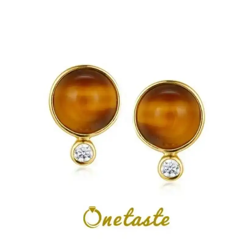 

925 Sterling Silver 18K Gold Plated Natural Tiger Eye Stone Stud Earrings With CZ Clearance Limited Stock First Come First Get