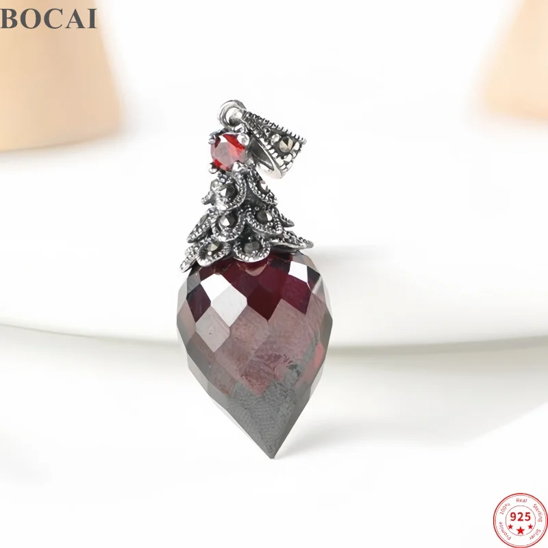 

BOCAI New S925 Sterling Silver Pendants Drop Earrings for Women Antique Silver Waterdrip Red Zircon Charms Charm Fine Jewelry