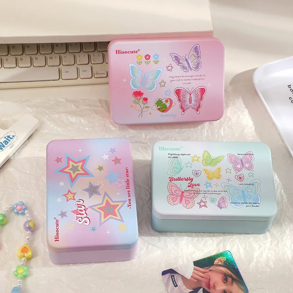 Metal Empty Tin Box School Stationery Rectangular Jewelry Organizer Multifunctional Butterfly Print Idol Photocards Holder