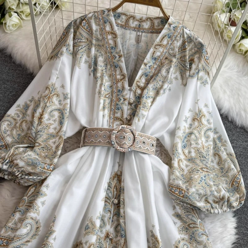 Neploe Elegant Vintage Print Dress for Women V-neck Single Breasted Dresses Spring New Slim Waist Lantern Sleeve Vestidos Mujer